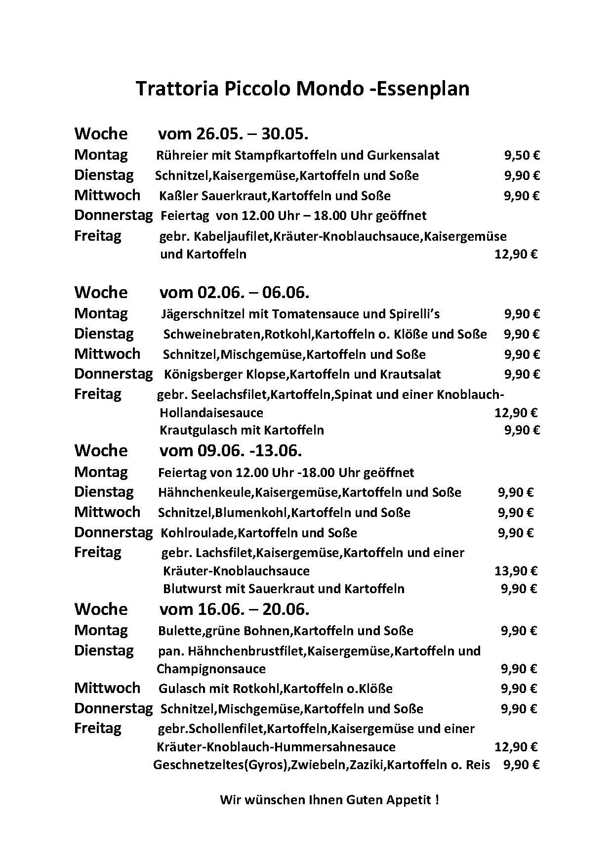 Speisekarte Piccolo Mondo vom 26.05. - 20.06.2025