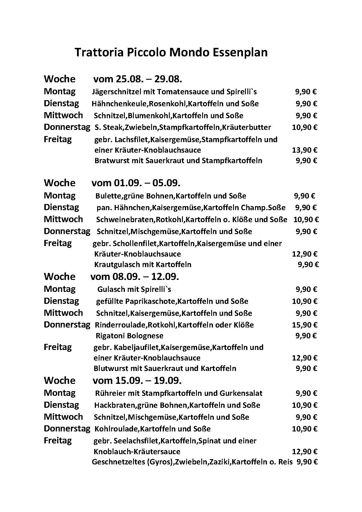 Speisekarte Piccolo Mondo vom 25.08. - 19.09.2025