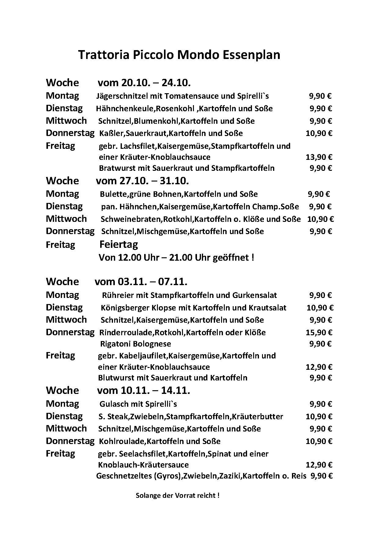 Speisekarte Piccolo Mondo vom 20.10. - 14.11.2025